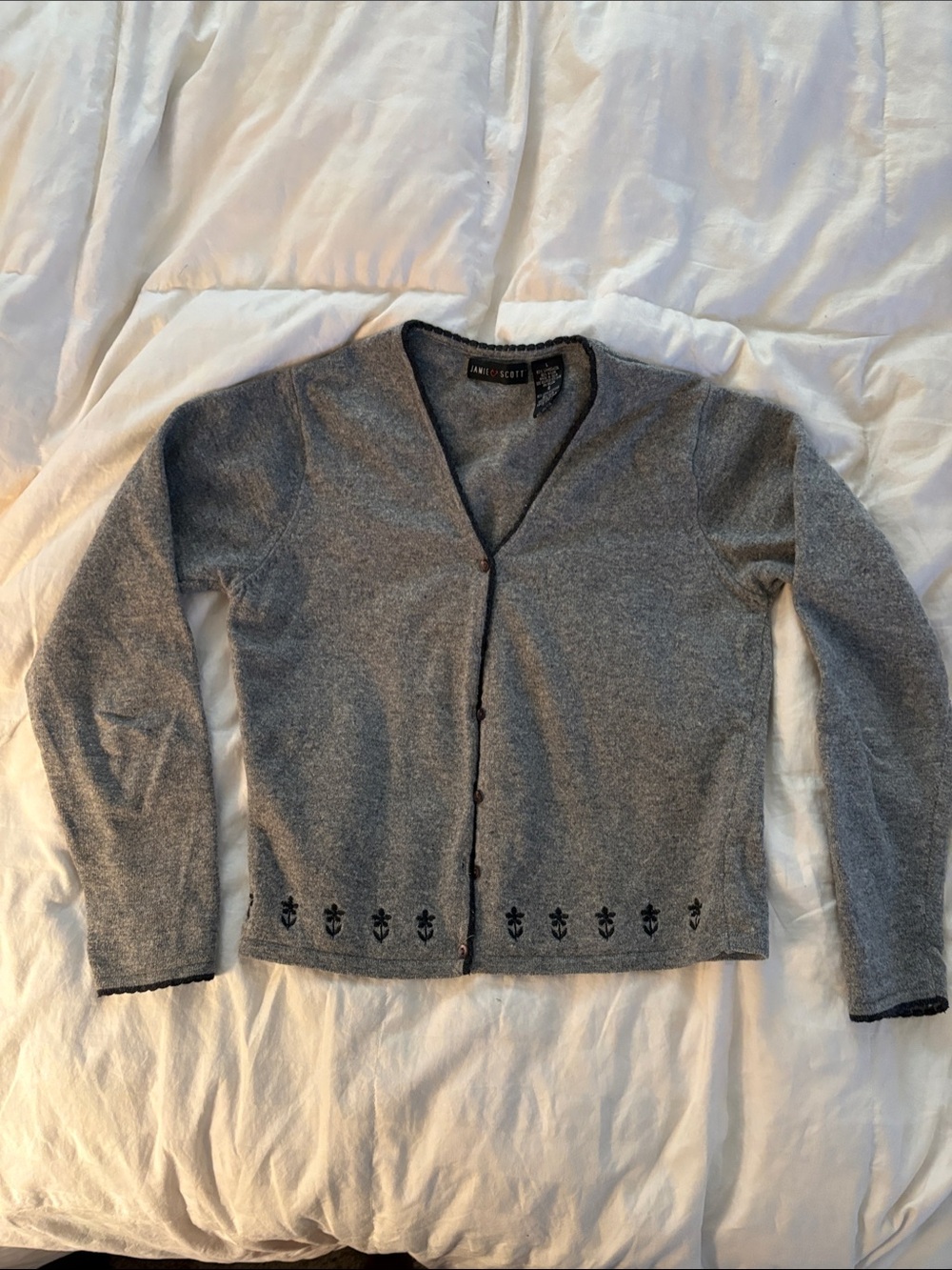Gray V-Neck Button Front Cardigan with Embroidered Hem